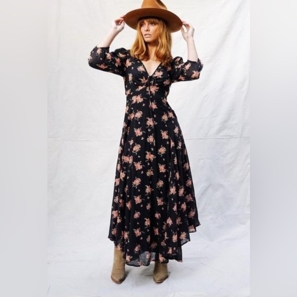 Free People Dresses & Skirts - Free People Tiered Floral Maxi Dress Asymmetric Hem Layered Black Cottage Boho
